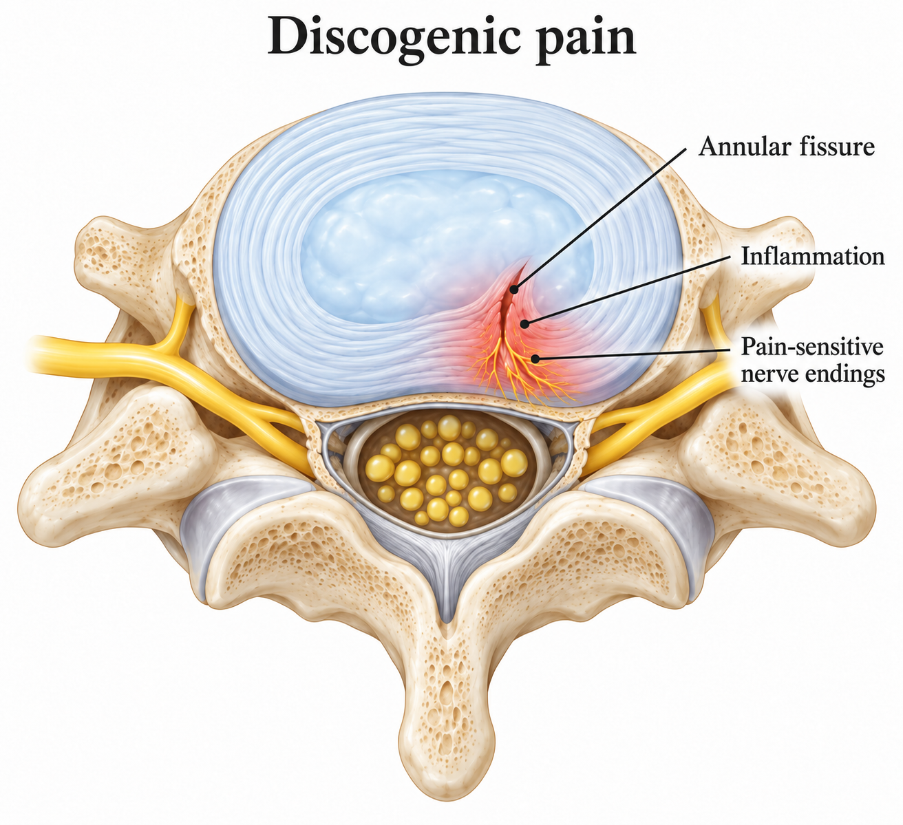 Disc illustration showing an annular fissure, inflammation, and pain-sensitive nerve endings