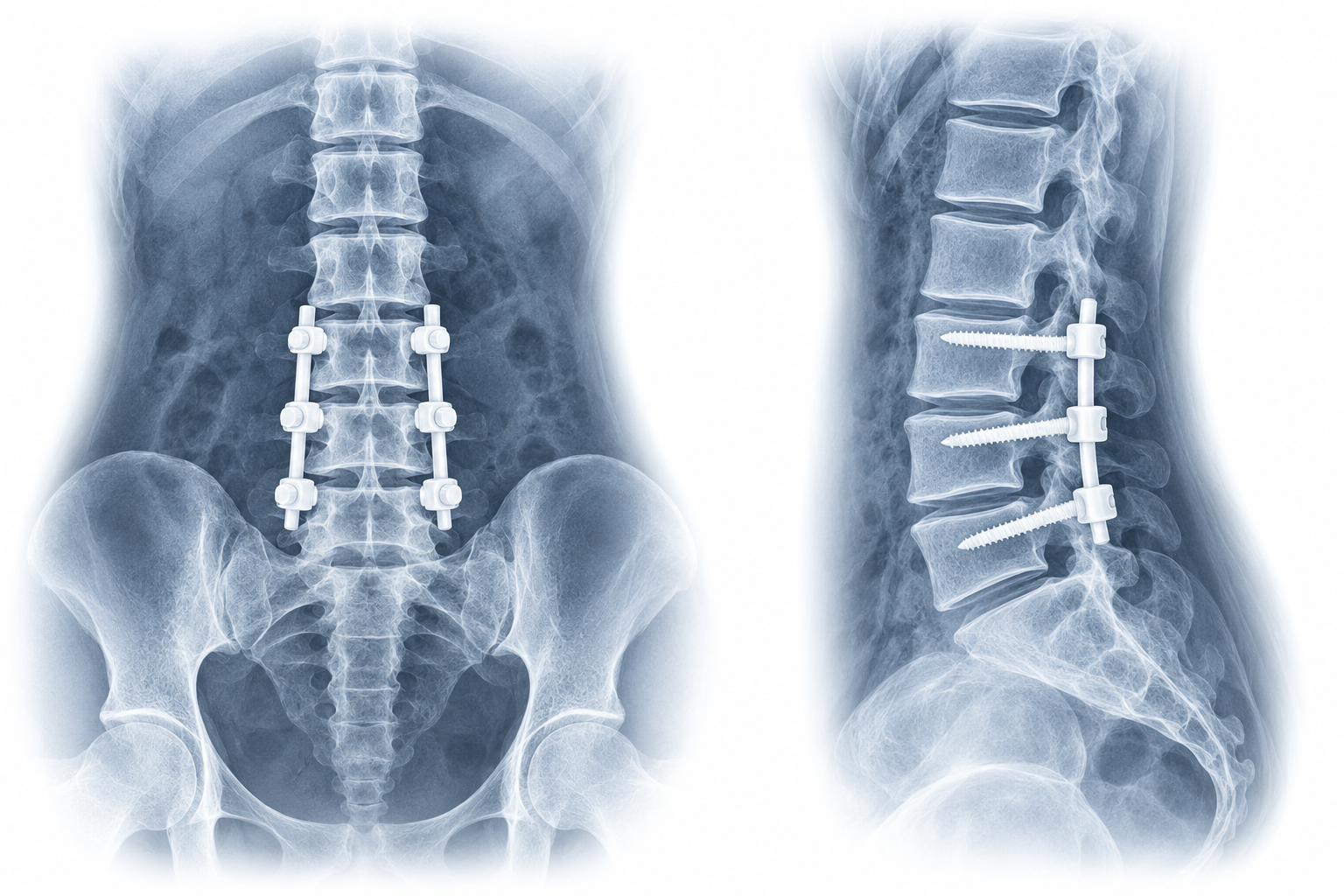 Educational illustration of lumbar fusion in front and side views